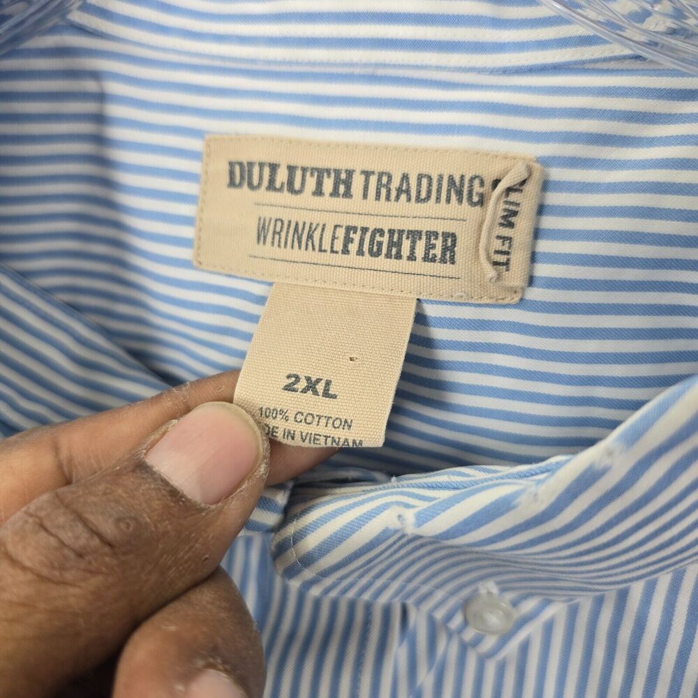 Duluth Trading Men’s Blue White  Striped Button Down Wrinkle Fighter Shirt 2XL - Picture 4 of 11